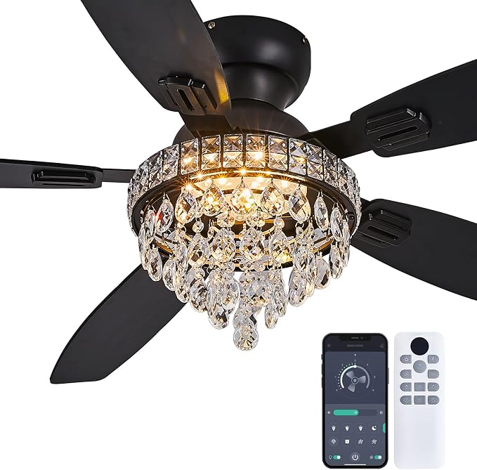 Crystal Ceiling Fan Fandelier with Lights-Ceiling Fans with Lights,54" Low Profile and Remote Control, Flush Mount, Reversible, Dimmable, Noiseless, Black Ceiling Fan for Bedroom