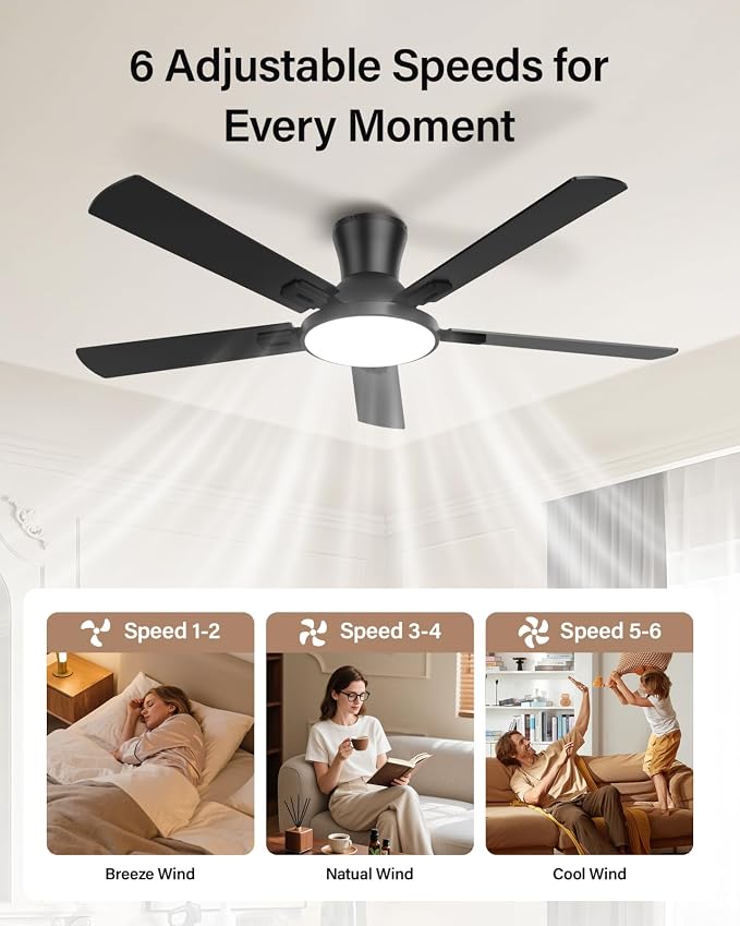 52 Inch Smart Ceiling Fans with Lights, Compatible with Alexa/Google, Remote/App Control, Flush Mount Metal Ceiling Fan, Dimmable 3CCT LED, Quiet Reversible DC Motor for Bedroom Living Room