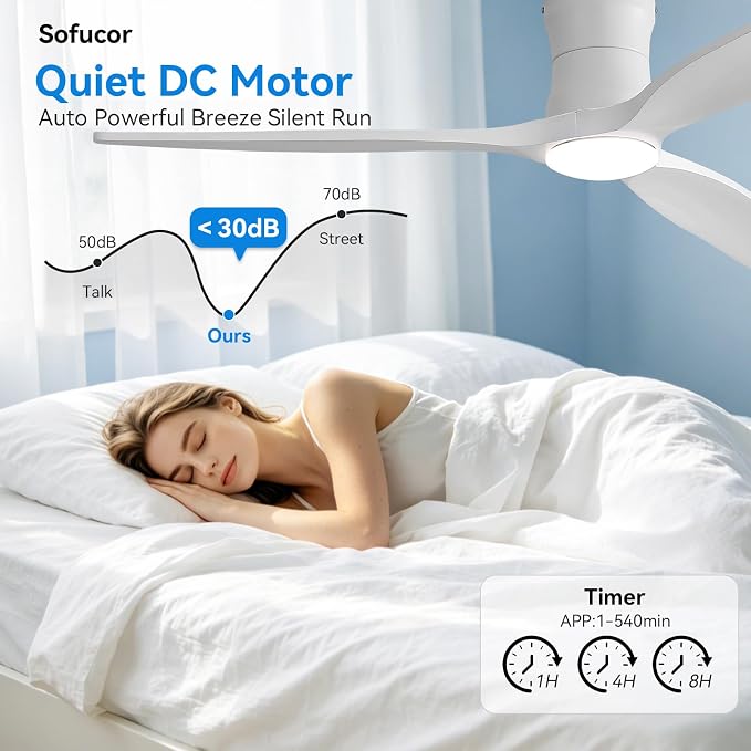 Sofucor 52" Smart Ceiling Fan, Solid Wood Ceiling Fan with Lights and Remote, Flush Mount Ceiling Fan Works with Alexa/Google/App, Dimmable 6-Speed Timing Reversible DC Motor for Bedroom Living Room