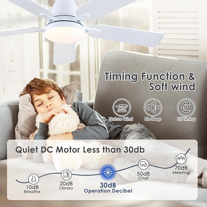 46 Inch Ceiling Fans with Lights and Remote, Flush Mount, White | Low Profile, Dimmable LED, Reversible, Quiet DC Motor, Wooden Blades, for Modern Apartment Bedroom Home Office Living Room