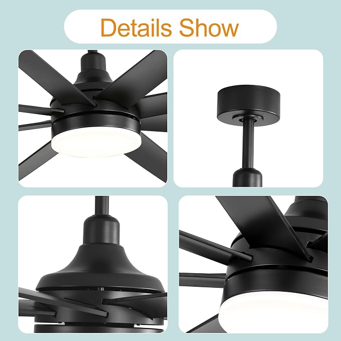 72" Black Ceiling Fans with Lights and Remote, 8 ABS Blades, 6-Speed Reversible DC Motor, 2 Downrods, 3 Color Led Light, Large Industrial Indoor Ceiling Fan Fandeliers for Bedroom Living Dining Room