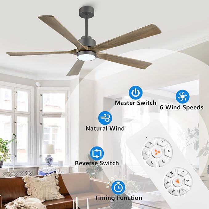 ELEHINSER 52" Modern Ceiling Fan with Light and Remote Control, 5 Solid Wood Blades 6-Speed Noiseless Reversible DC Motor, Ceiling Fan for Kitchen Dinning Living Room, Charcoal Finish with Wood Blades