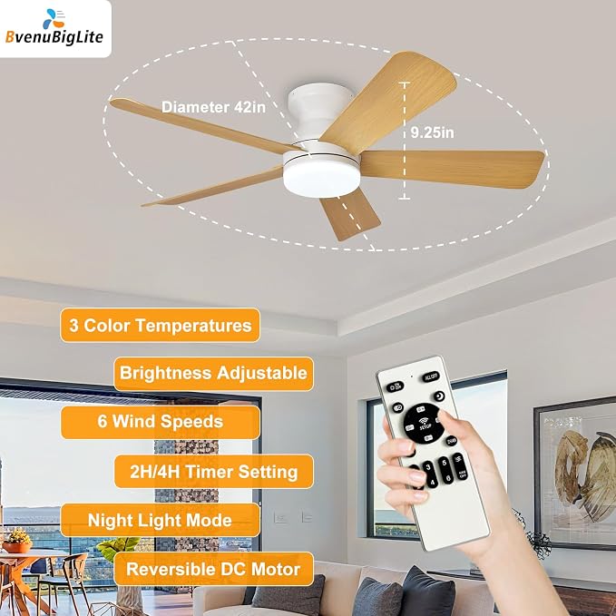 Ceiling Fans with Lights and Remote: 42 Inch Ceiling Fan with Light Low Profile - Flush Mount Ceiling Fan 5 Blades Reversible 3CCT Dimmable Noiseless for Bedroom (White& Wood Grain)