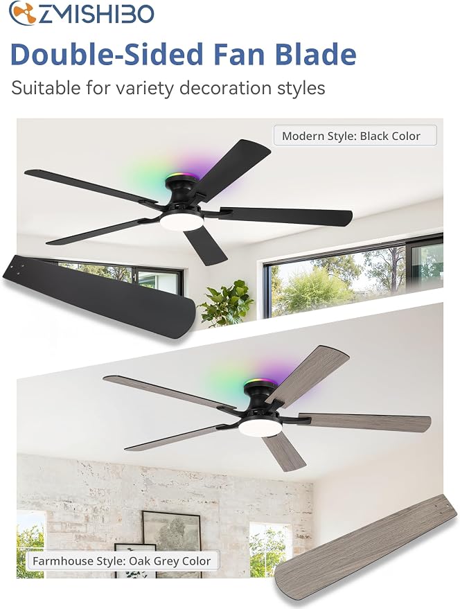 ZMISHIBO 60 Inch Ceiling Fans with RGB Lights, Low Profile Flush Mount Ceiling Fan with Alexa/App/Remote, Dimmable 20W LED Light, Black Modern Fan for Living Room, Bedroom, Game Room