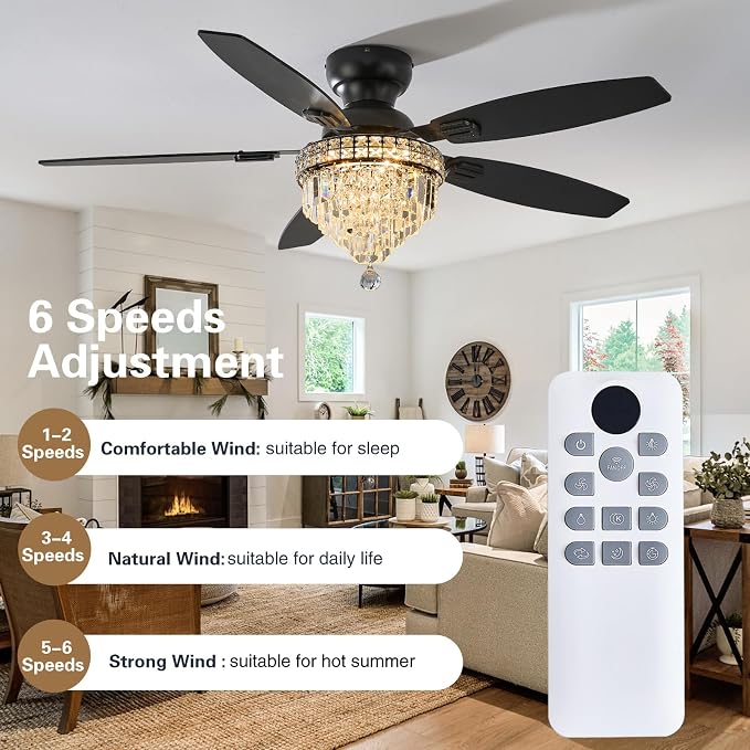 Crystal Ceiling Fan Fandelier with Lights-Ceiling Fans with Lights,54" Low Profile and Remote Control, Flush Mount, Reversible, Dimmable, Noiseless, Black Ceiling Fan for Bedroom
