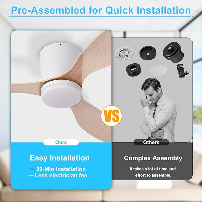 Depuley Flush Mount Ceiling Fan: 42-Inch White Ceiling Fans with Lights for Bedroom Indoor Outdoor - Low Profile Ceiling Fans with Remote Control 24W 3CCT Dimmable 3 Reversible Wood Blades 6 Speeds