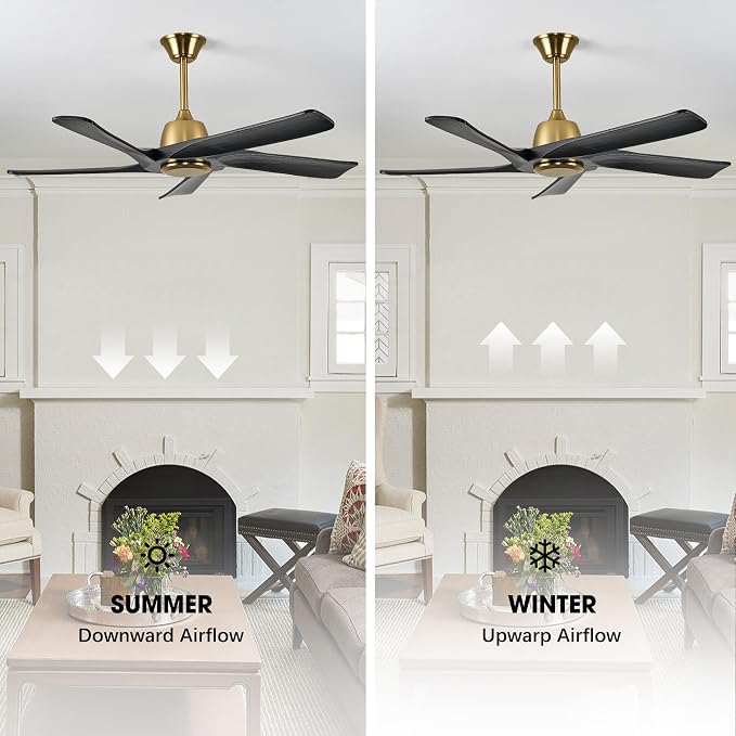 52 Inch Solid Wood Ceiling Fan No Lights, Remote and APP Control, DC Motor, 6-speed Reversible, for Bedroom, Living Room, Office, Black Gold