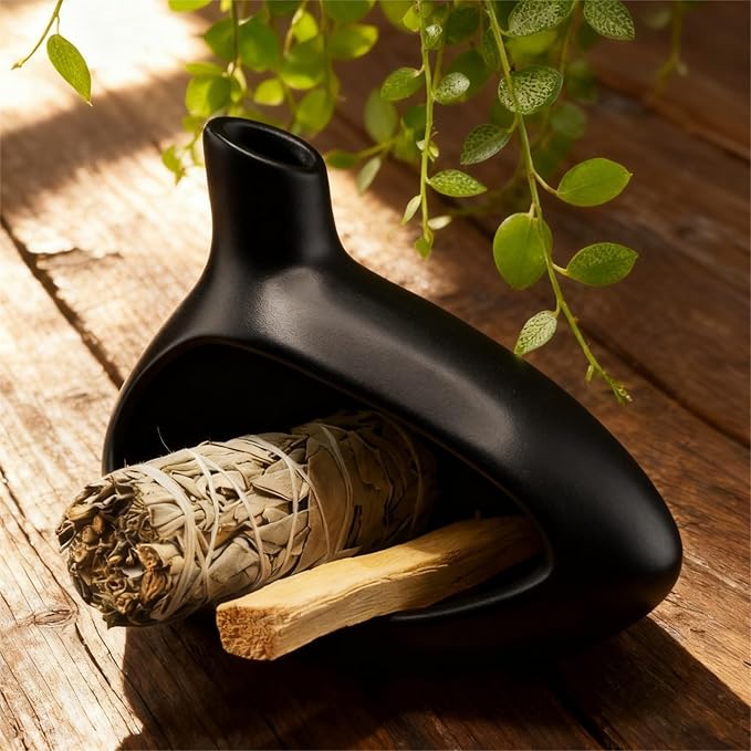 Palo Santo Holder, Ceramic Incense Burner for Sticks Sage Holders Cone Burning Smudge Bowl with Ash Brush for Meditation Yoga Spa Room Decor (Black)