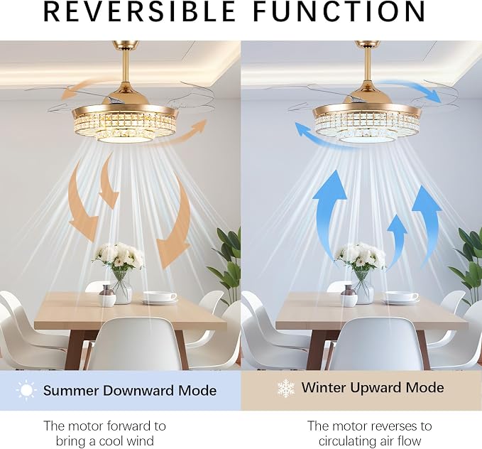 42" Retractable Ceiling Fans with Lights, Crystal Chandelier Ceiling Fan with Remote & APP Control, Modern Dimmable LED Fandelier for Living Room, Dinning Room, Bedroom (Gold)