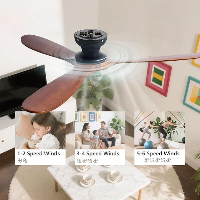 Solid Wood 60in Ceiling Fan Without Lights Flush Mount Ceiling Fans with Remote Control 6 Speeds, Wood Blades Modern Ceiling Fan No Light for Bedroom/Farmhouse/Patio/Indoor