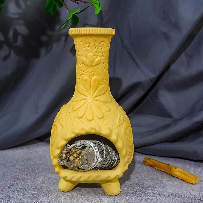 MOUGIGI Yellow Floral Reliefs Palo Santo Burner Holder-Mexican Mini Chiminea Inspired,Chimney for Smudging Sage/Incense Cones/Sticks for Altar/Zen Rituals, Handmade Decor for Witchcraft Supplies