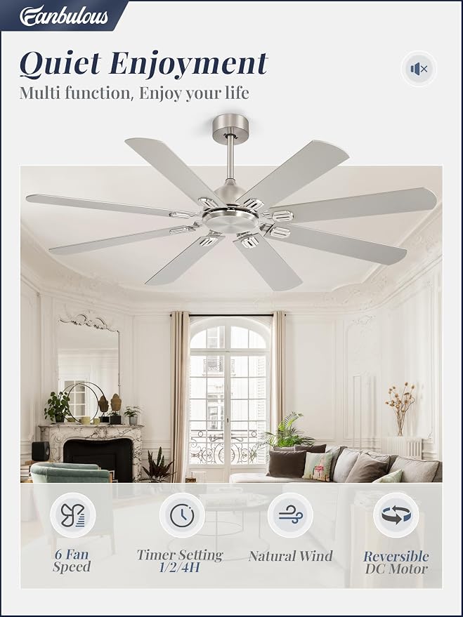Fanbulous Ceiling Fans No Light with Remote, Modern Ceiling Fan Without Light, Dual Finish 6 Blades, Reversible Quiet DC Motor, 6 Speed, Large Ceiling Fan for Indoor or Outdoor (Nickel, 62 Inch)