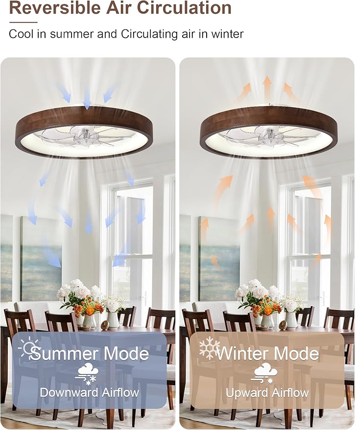 20'' Fandelier Ceiling Fan with Light, Low Profile Flush Mount Wood Ceiling Fan, APP & Remote Control, Dimmable & 6 Speeds