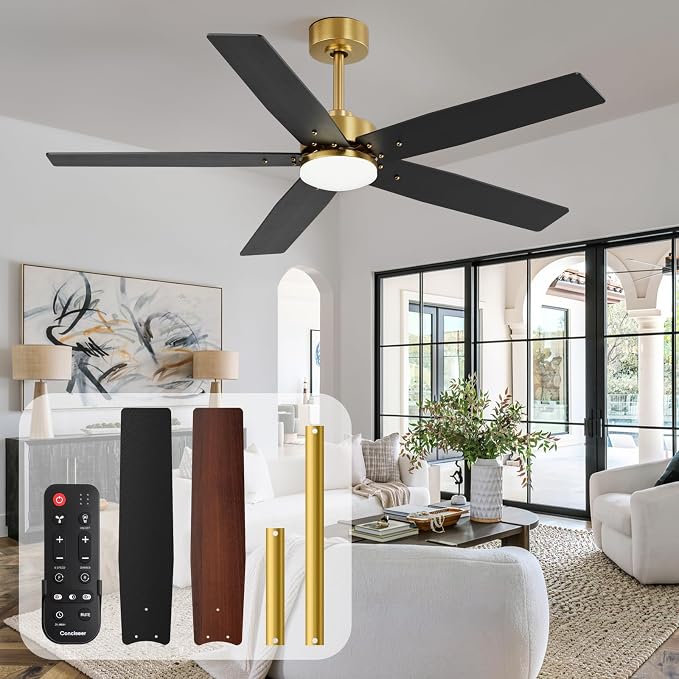 52 Inch Ceiling Fans with Lights and Remote for Bedroom Living Room Kitchen Home Office Indoor/Outdoor, 18W 3CCT Dimmable, Dual Color 5 Blades 6 Speed Reversible Quiet DC Motor, Gold/Wood Grain