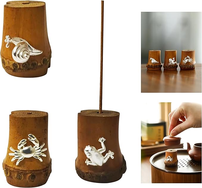Bamboo Tea Pot Lid Incense Holder – Decorative Firing Stand for Home Decor, Yoga, Spa, Meditation, and Unique Decoration (Silver)
