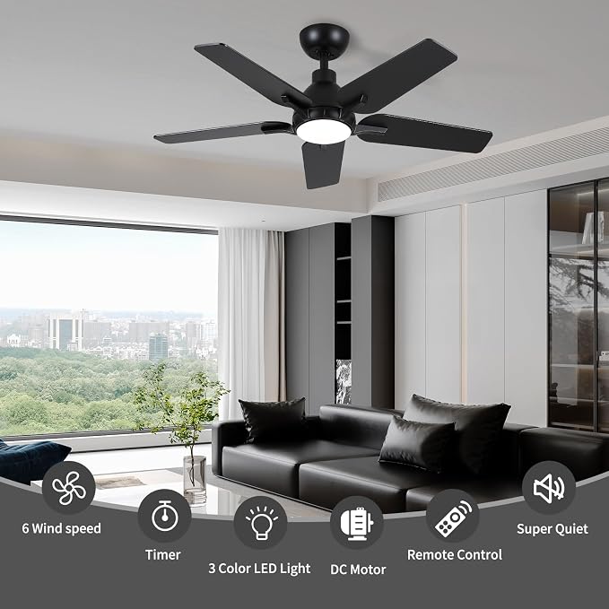 42 Inch Ceiling Fan with Light and Remote Control, Black | 6-Speed Quiet Reversible DC Motor, 3CCT Dimmable 24W LED Light,5 Wood Blades,Used for Bedroom, Living Room, Covered Patio