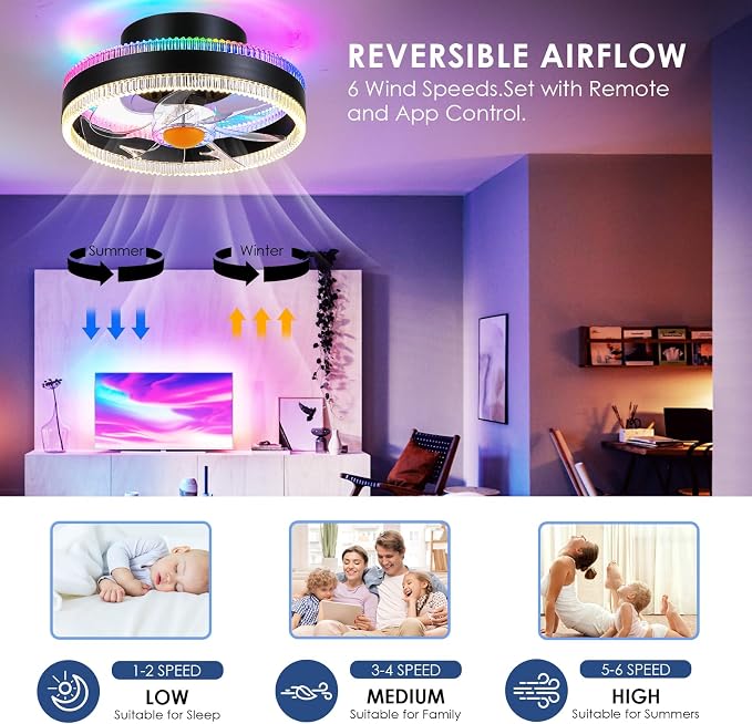 Mpayel Flush Mount Ceiling Fans with Lights - RGB Low Profile Ceiling Fan,13" Small Dimmable LED Bladeless Ceiling Fans, Modern Enclosed LED-RGB Ambient Light for Bedroom, Kids Room, Party