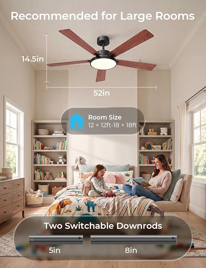 CINOTON Smart Ceiling Fan with Lights, 52'' RGBCW Ceiling Fan with Lights and Remote App Voice Control, Reversible DC Motor, 2600lm LED, 6 Speeds & 2 Fan Mode, Quiet Fan for Bedroom, Living Room Brown