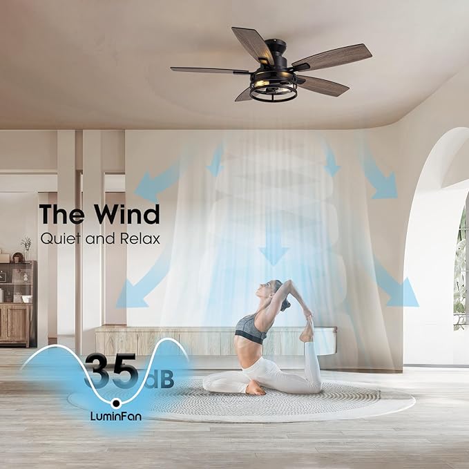 46 Inch Ceiling Fans with Lights and Remote Control, Flush Mount Black Ceiling Fan with Light, Industrial Retro Style, Indoor for Bedroom Living Room 8837X
