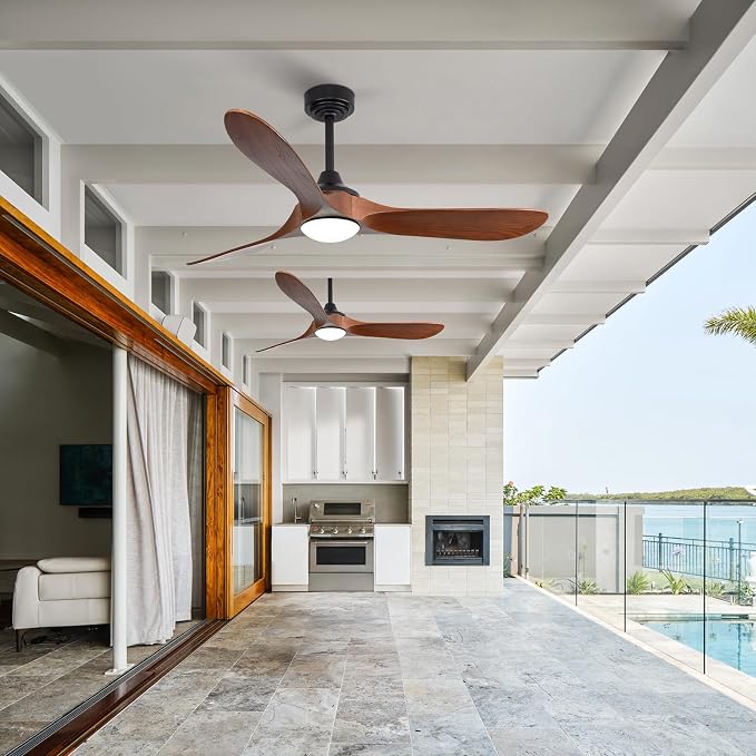 52” Outdoor Ceiling Fan with Light and Remote via WiFi Alexa, 3 Walnut Solid Wood Blade, Noiseless Reversible Dc Motor, Smart Outdoor Wood Ceiling Fan for Farmhouse Patios, Walnut