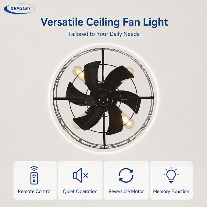 Depuley Caged Ceiling Fans with Light: 20-Inch Black Metal Enclosed Farmhouse Fandelier for Kitchen Bedroom - Industrial Semi Flush Mount Ceiling Fans with Remote 6 Speeds Reversible Motor Timer