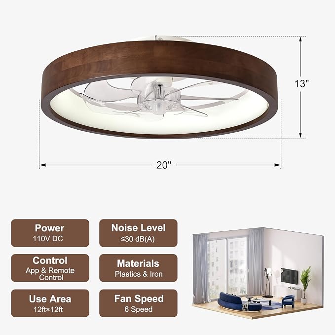 20” Modern Dark Wooden Flush Mount Low Profile Ceiling Fans with Lights | 3 Color Dimmable LED,6 Speeds,Reversible DC Motor Ceiling Fan with Light and Remote for Bedroom/Kidsroom/Dinng Room