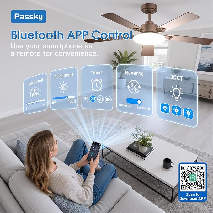 Passky Ceiling Fans with Lights, 52 inch Sleek Ceiling Fan with Light and Remote Control, 3CCT, Dimmable, Reversible, Noiseless, Brown Ceiling Fan for Bedroom, Living Room