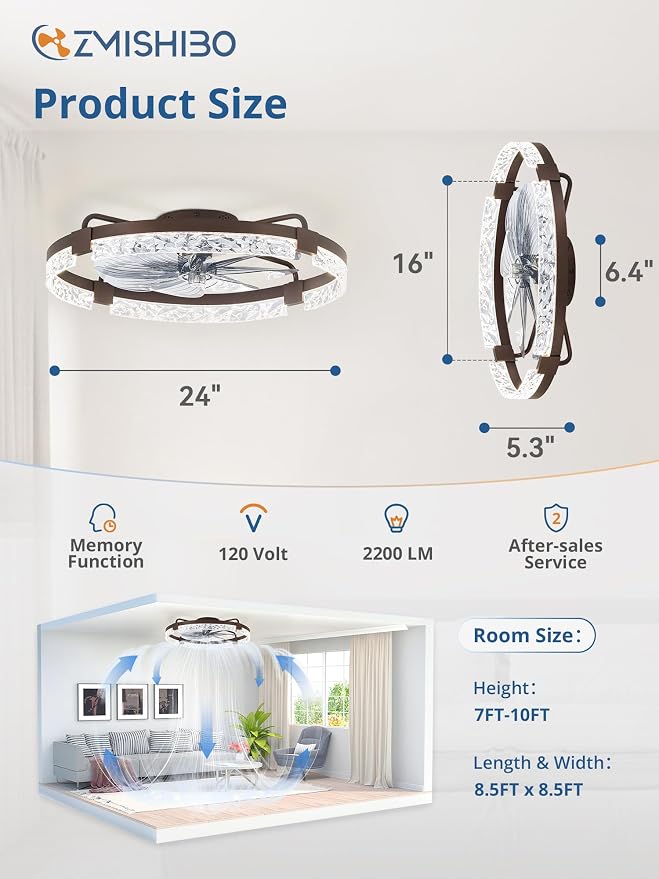 ZMISHIBO 24 Inch Flush Mount Ceiling Fan with Light, Bladeless | Low Profile Enclosed, 6 Speeds Reversible DC Motor, 3CCT Dimmable, Smart App Control, For Bedroom Kids Room