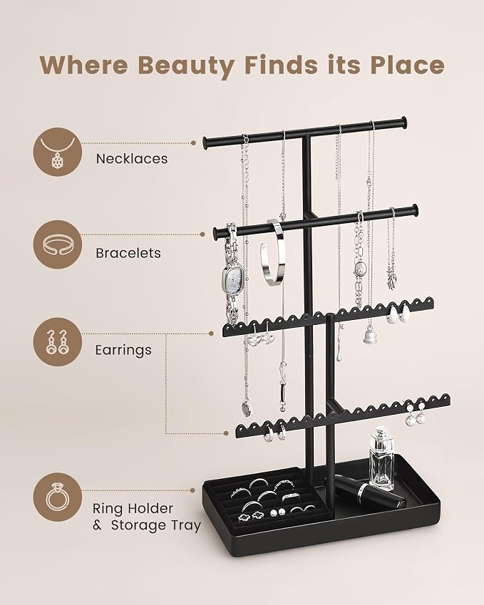 Lolalet 4-Tier Jewelry Organizer Stand, Metal Jewellery Holder, Dresser Display Rack for Necklace Earring Bracelets Rings, Gift for Women Girls -Black