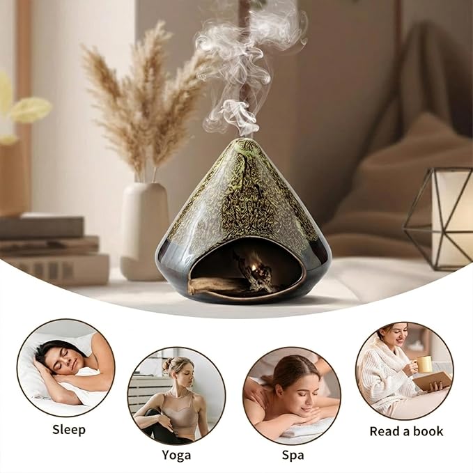Handcrafted Ceramic Palo Santo Holder –Artistic Incense Burner for Meditation, Mindfulness & Zen Home Decor – Wabi-Sabi Style Cone Sculpture, Relaxation & Aromatherapy-Gift for Yoga (Green)