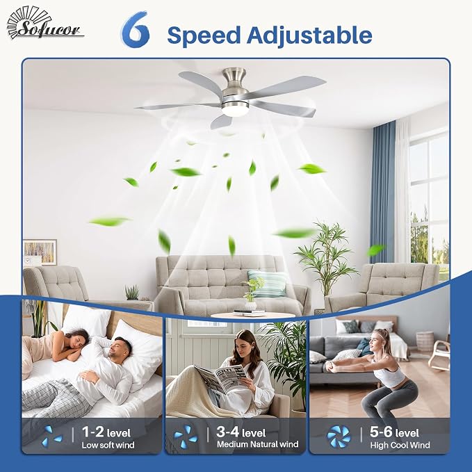 Sofucor 52 Inch Low Profile Ceiling Fan with Light, Flush Mount Outdoor Ceiling Fan with Remote for Bedroom Living Room Patio, Dimmable LED High Airflow Quiet Reversible DC Motor