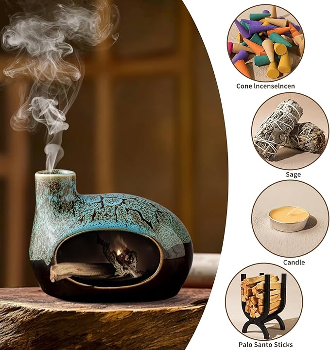 Handcrafted Ceramic Palo Santo Holder – Artistic Incense Burner for Meditation, Mindfulness and Zen Home Decor – Wabi-Sabi Style Cone Sculpture, Gift for Yoga, Relaxation & Aromatherapy (Viridis)