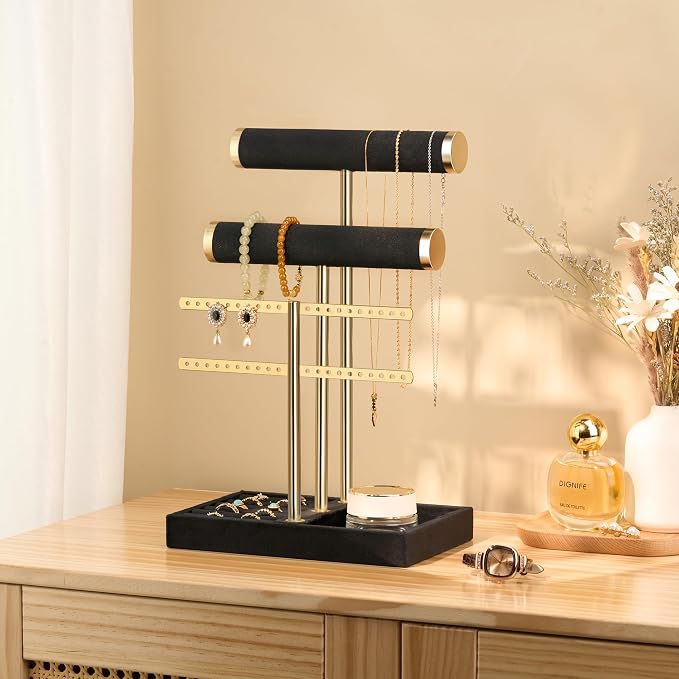 Jewelry Organizer Stand for Necklaces, Bracelets, Earrings, Rings, Black | 3 Tier Velvet Bracelet Holder Display | Jewelry Organizers and Storage | Jewelry Tree | Jewelry Towers