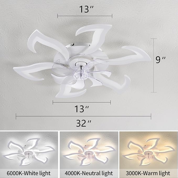 Dalouguan Modern Ceiling Fan with Lights Remote Control, 32" White 6 Speeds 3 Light Color Low Profile Flush Mount Ceiling Fan for Kitchen Bedroom