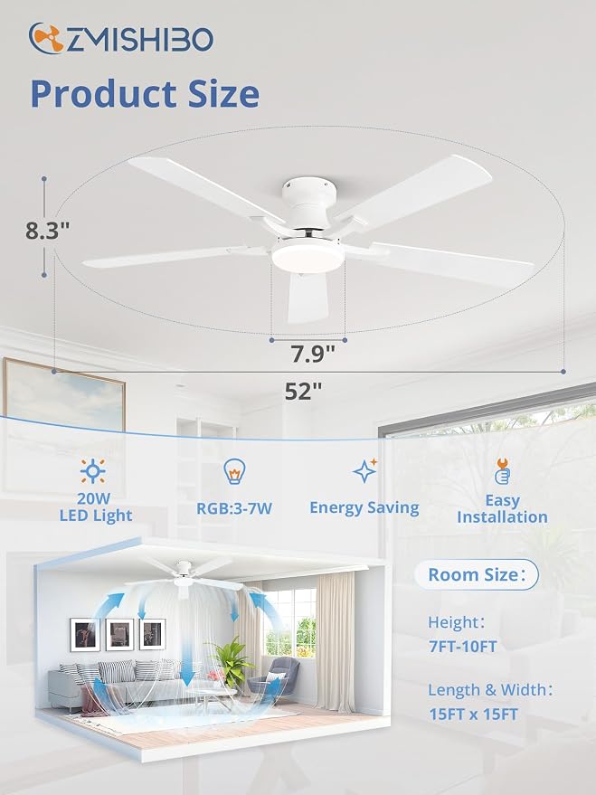 ZMISHIBO 52 Inch Ceiling Fan with RGB Lights, Low Profile Flush Mount with Alexa/App/Remote, Dimmable 20W LED Light, White Modern for Living Room, Bedroom, Game Room