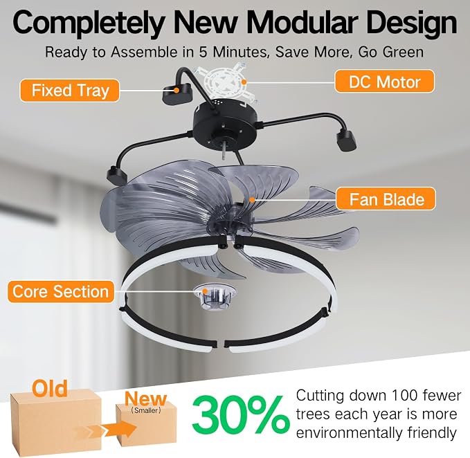 OUTON 24" Ceiling Fan with Light, Remote & App Control, Fandelier Low Profile Flush Mount Ceiling Fan with 3000K-6500K Stepless Dimmable, 6 Speed, Quiet DC Motor, Modern Ceiling Fans for Bedroom Black