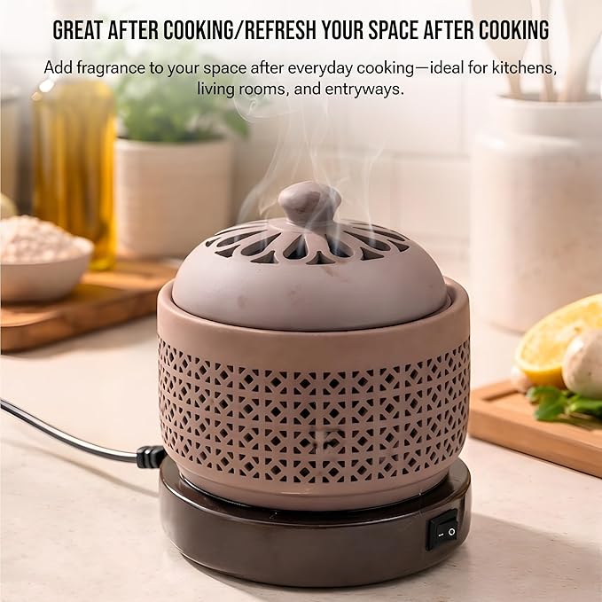 Ceramic Electric Incense Burner with Temperature Control, Timer & Night Light – Bakhoor & Resin Warmer (Brown)