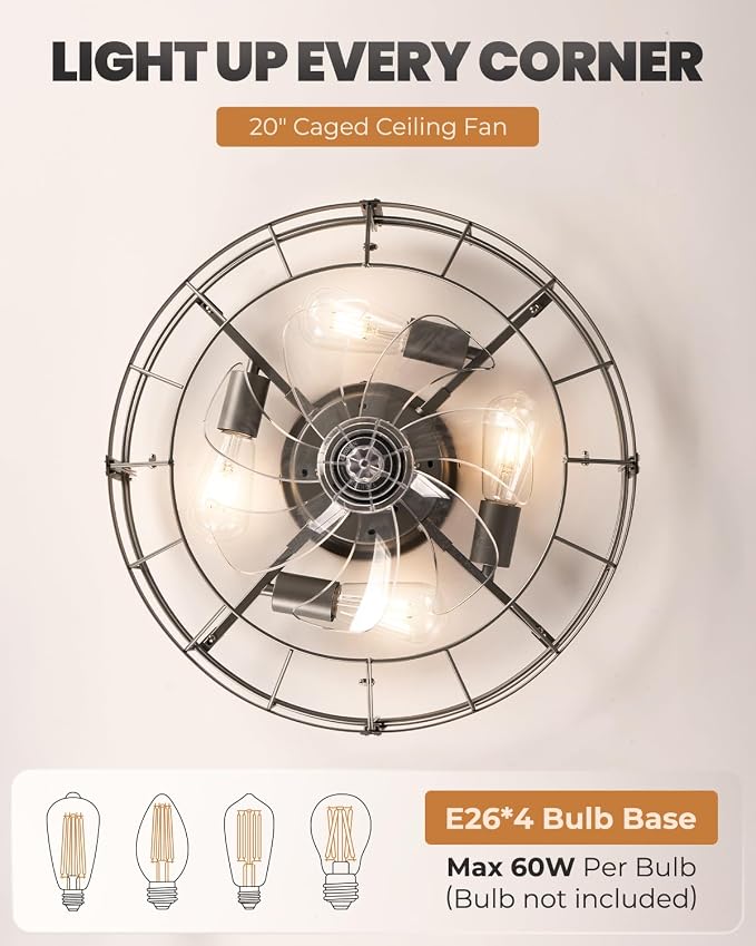 20 Inch Caged Ceiling Fan with Lights, Remote Control Flush Mount Fan Lights Ceiling Fixtures, E26 Base 6 Speeds Bladeless Ceiling Fans with Lights for Indoor House Kitchen Bedroom, Silver