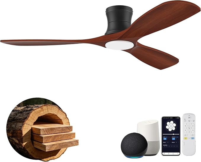 52” Wood Low Profile Ceiling Fans with Lights,Smart Control with Alexa App Remote,Outdoor Indoor Flush Mount Ceiling Fan for Modern Bedroom Patio,Brown Wood& Black,3 Blades,Dimmable,6 Speed,Noiseless