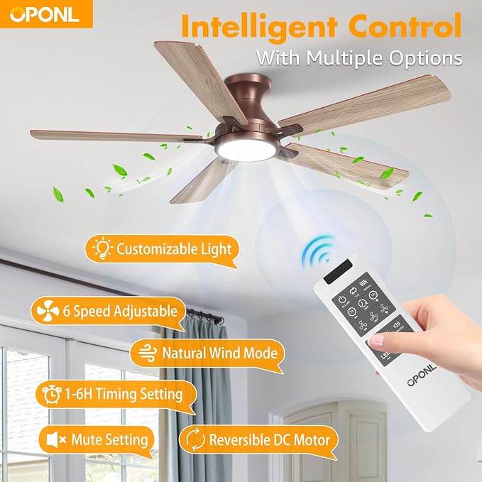 OPONL Ceiling Fan with Light, 52 inch Low Profile Ceiling fan with Light and Remote Control, Reversible, 6CCT, Dimmable, Noiseless, Brown Ceiling Fan for Bedroom, Indoor/Outdoor Use, Modern