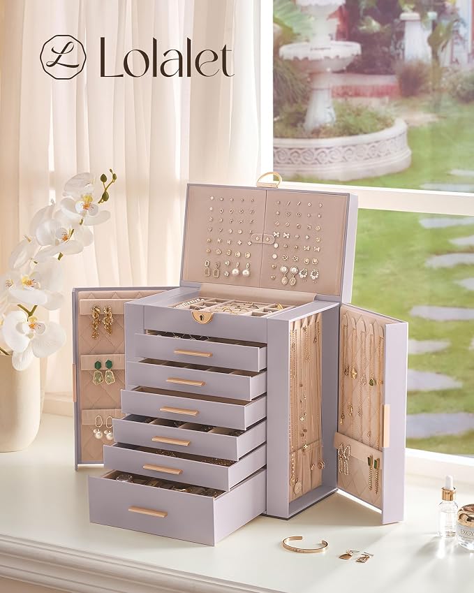 Lolalet Large Jewelry Box Organizer for Women, 7-Layer Jewelry Organizers and Storage Case with Mirror & 6 Drawers, Lockable Watch Ring Earring Bracelet Necklace Holder Girls Gift -7Layer, HazePurple