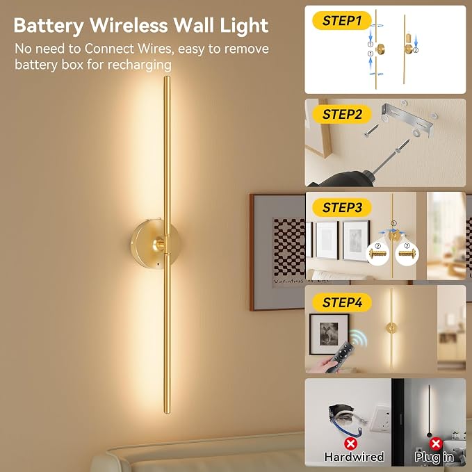 Ouyulong Battery Operated Wall Sconces Set of 2, 8000mAh Wireless Rechargeable 3000-6000K Dimmable 350° Rotate Wall Light with Remote for Living Room, Bedroom 31.6in Gold