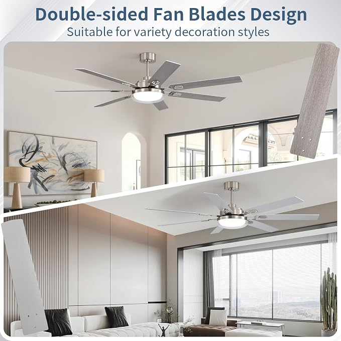 64 Inch Ceiling Fans with Lights and Remote,Living Room Office Library Cafe Outdoor, 5CCT Dimmable, Dual Color 7 Blades, 6 Speed Reversible Quiet DC Motor, Dual-Layer Shade, Sand-nickel/Wood Grain
