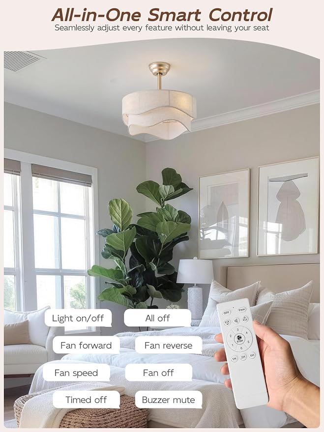 20" Boho Fandelier Ceiling Fans with Lights, Gold Caged Ceiling Fan with Light, Fabric Bladeless Fan with Remote Control, Reversible for Bedroom, Living Room, Nursery (Beige)
