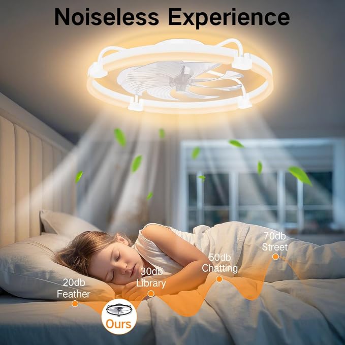 OUTON 24" Ceiling Fan with Light, Remote & App Control, Fandelier Low Profile Flush Mount Ceiling Fan with 3000K-6500K Stepless Dimmable, 6 Speed, Quiet DC Motor, Modern Ceiling Fans for Bedroom White