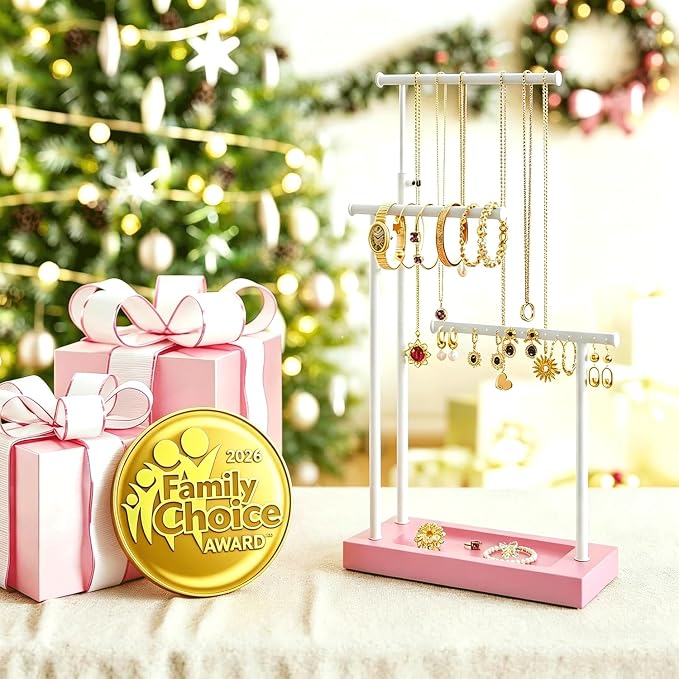 SRIWATANA Pink & White Extra Tall Necklace Holder, Jewelry Display Stand | Sturdy Tall Jewelry Organizer; Chic necklace organizer to Display Long Necklaces, Pendants, Chains Without Tangling