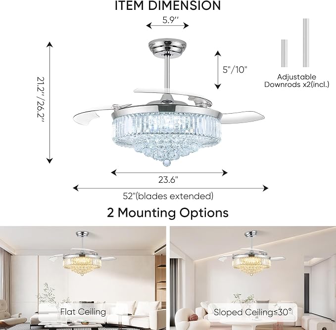 52 Inch Fandelier Ceiling Fan with Light, Chandelier Ceiling Fan for Bedroom Living Room, 3 Color Temperature, 6 Wind Speed. Reversible Motor, Memory Function-Chrome
