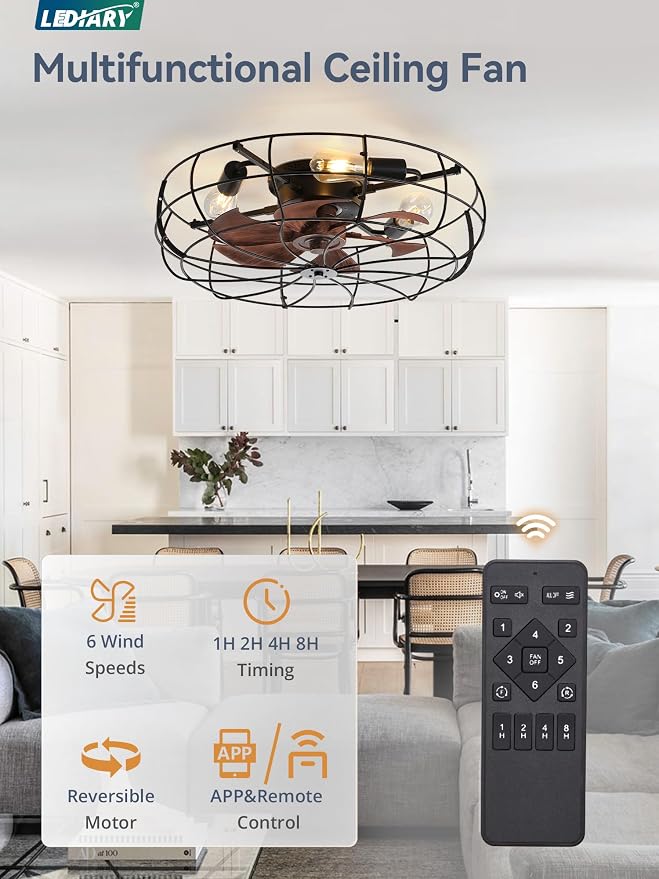 LEDIARY 23 Inch Large Caged Ceiling Fan with Light, Flush Mount Low Profile with Remote Control, Farmhouse Industrial Bladeless Fan Light for Bedroom, Kitchen, Indoor