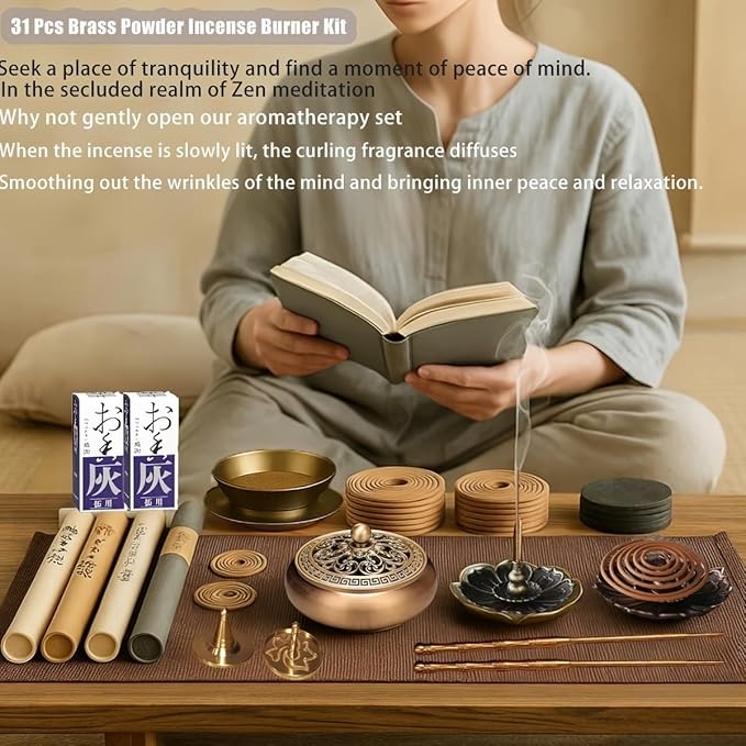 31 Pcs Powder Incense Burner Set, Brass Incense Making Kit, Chinese Incense Burner Powder Set Includes Holder/Stick/Cone/Coil/Ash Catcher Tray, Gift for Yoga and Meditation (31)