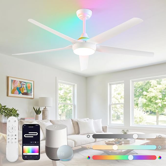 Fanbulous 56'' Smart Ceiling Fans with RGB Lights, Modern Ceiling Fan with Alexa/App/Remote Control, Dimmable LED Light, Reversible DC Motor, for Living Room, Bedroom, Game Room, White